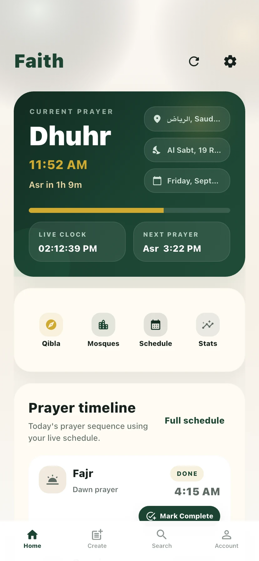HilalGO Faith screen showing prayer information, Qibla, mosques, schedule and prayer stats.