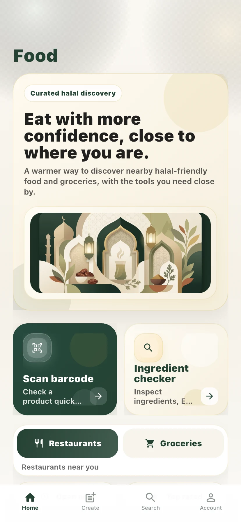 HilalGO Food screen with barcode scanning, ingredient checking, restaurants and groceries.