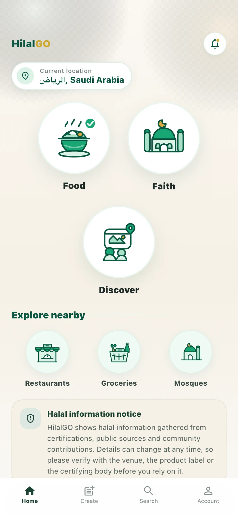 HilalGO Home screen with Food, Faith and Discover, nearby places, and the halal information notice.